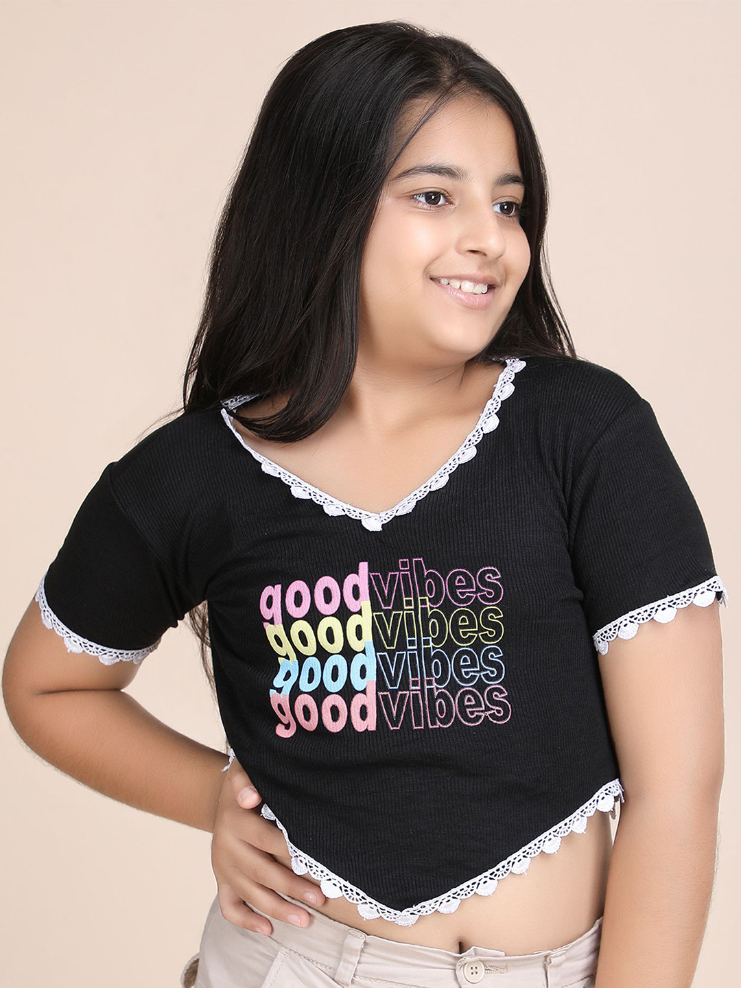 Galad Girls Print Cotton Lace Crop Fitted Top