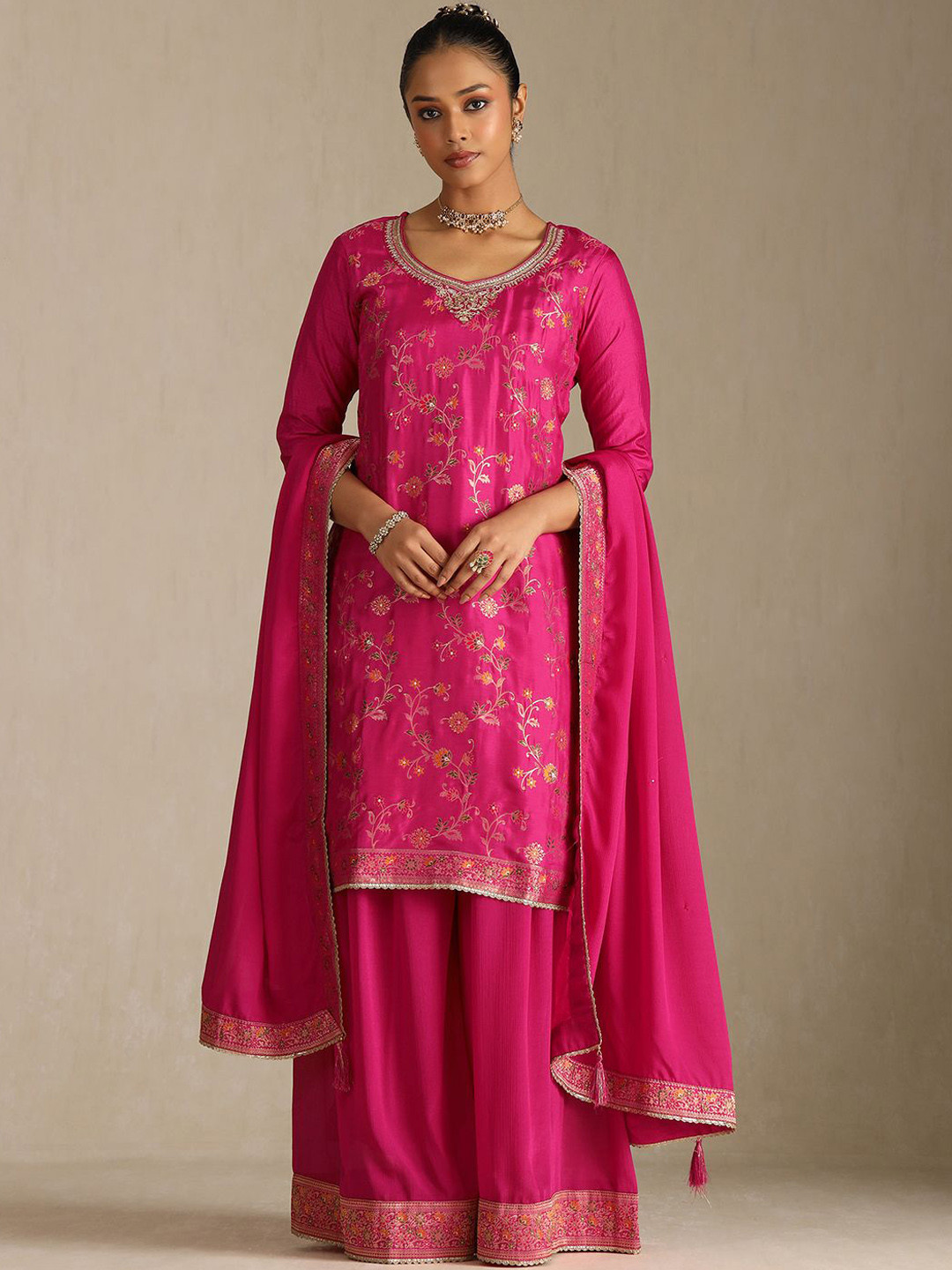 Soch Floral Printed Beads & Stones Brocade Weave Round Neck Kurta With Palazzos & Dupatta