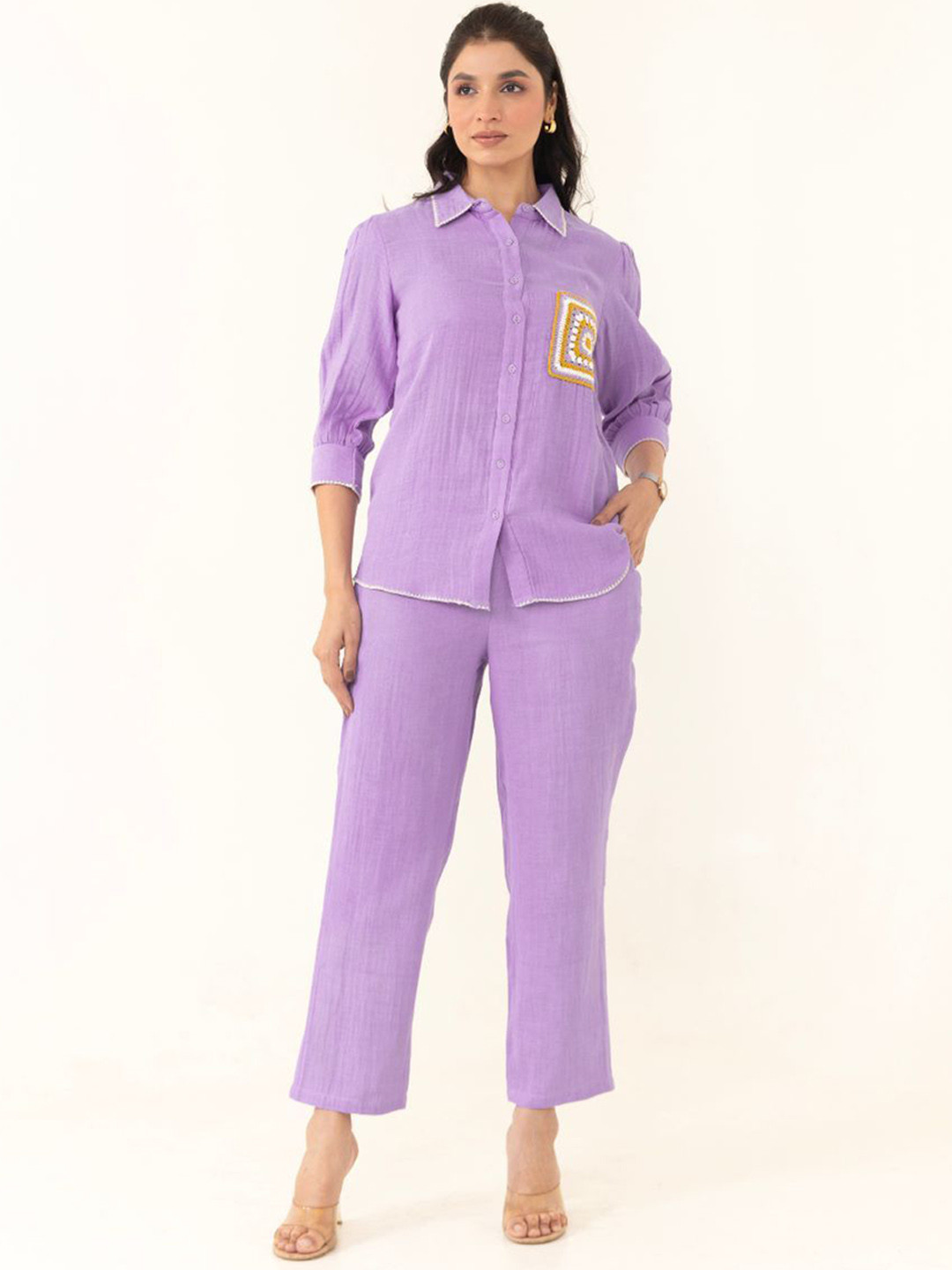 MISRI Self-Design Shirt Collar Pure Cotton Shirt With Trousers Co-Ords