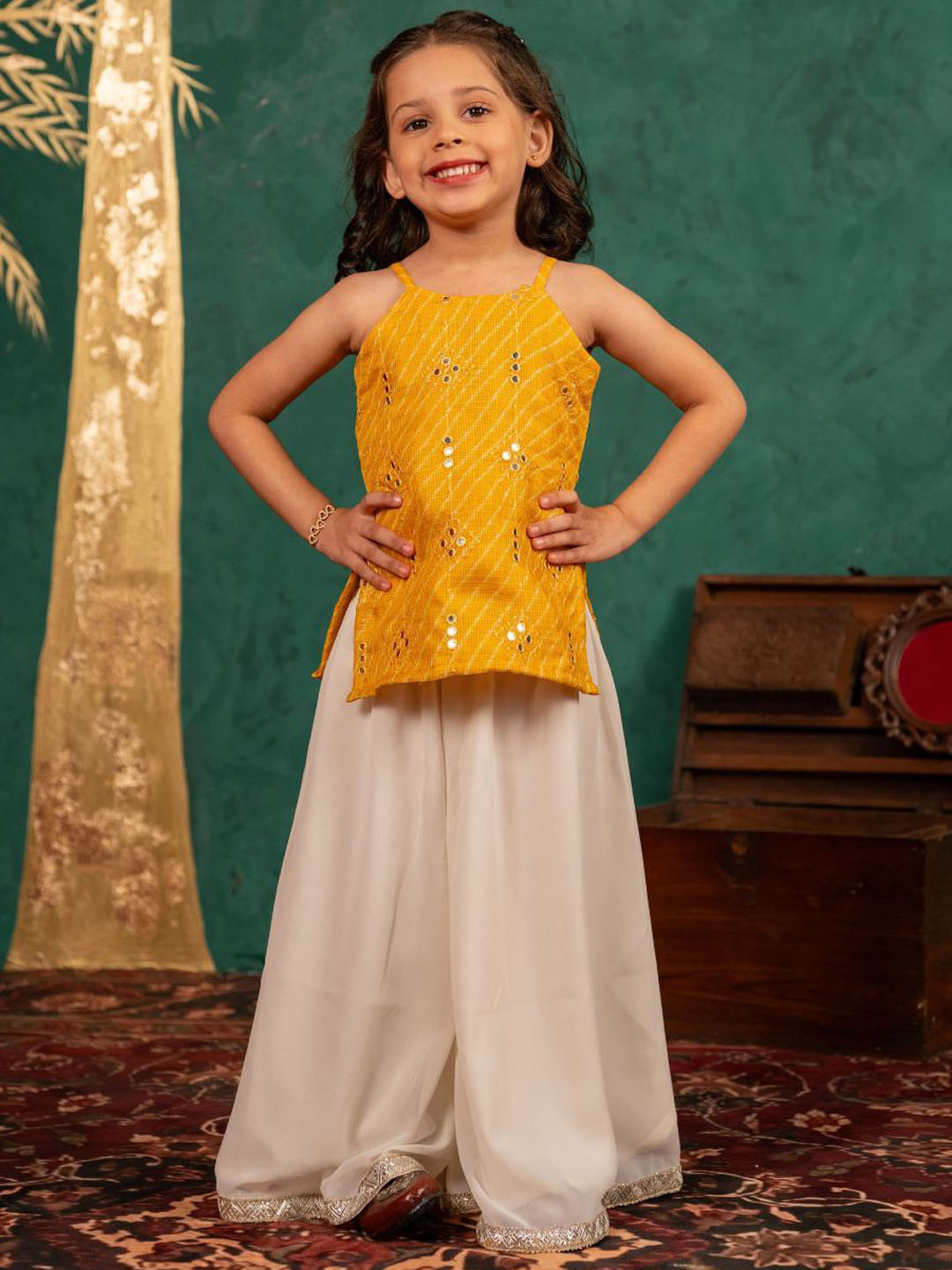 Jilmil Girls Striped Mirror Work Shoulder Strap Straight Kurti With Palazzos