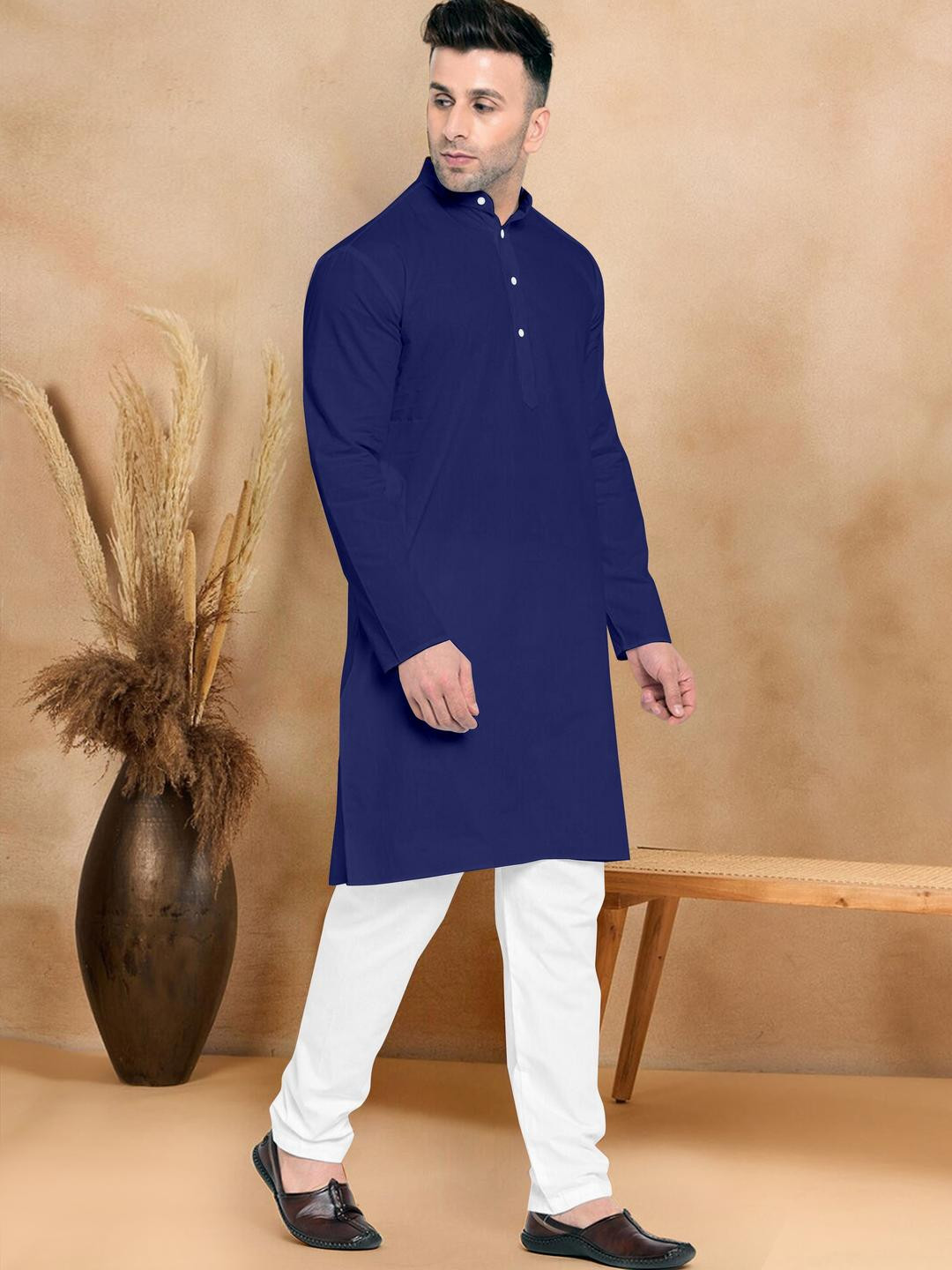 VS MALL Navy Blue Cotton Blend Kurta Sets