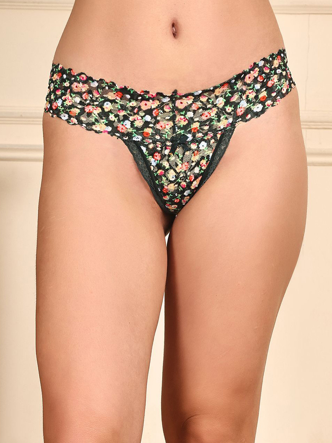 Quttos PrettyCat Floral Printed Low Rise Sexy Lace Thong Brief - QT-PA-9017-LAC-GRN-S