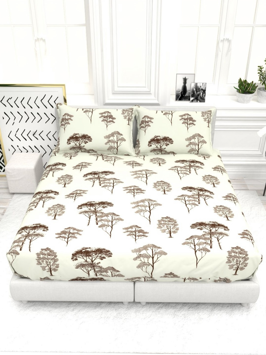 THE WHITE MOSS Cream & Coffee Brown 250 TC King Bedsheet Set-2.75 m x 2.75 m