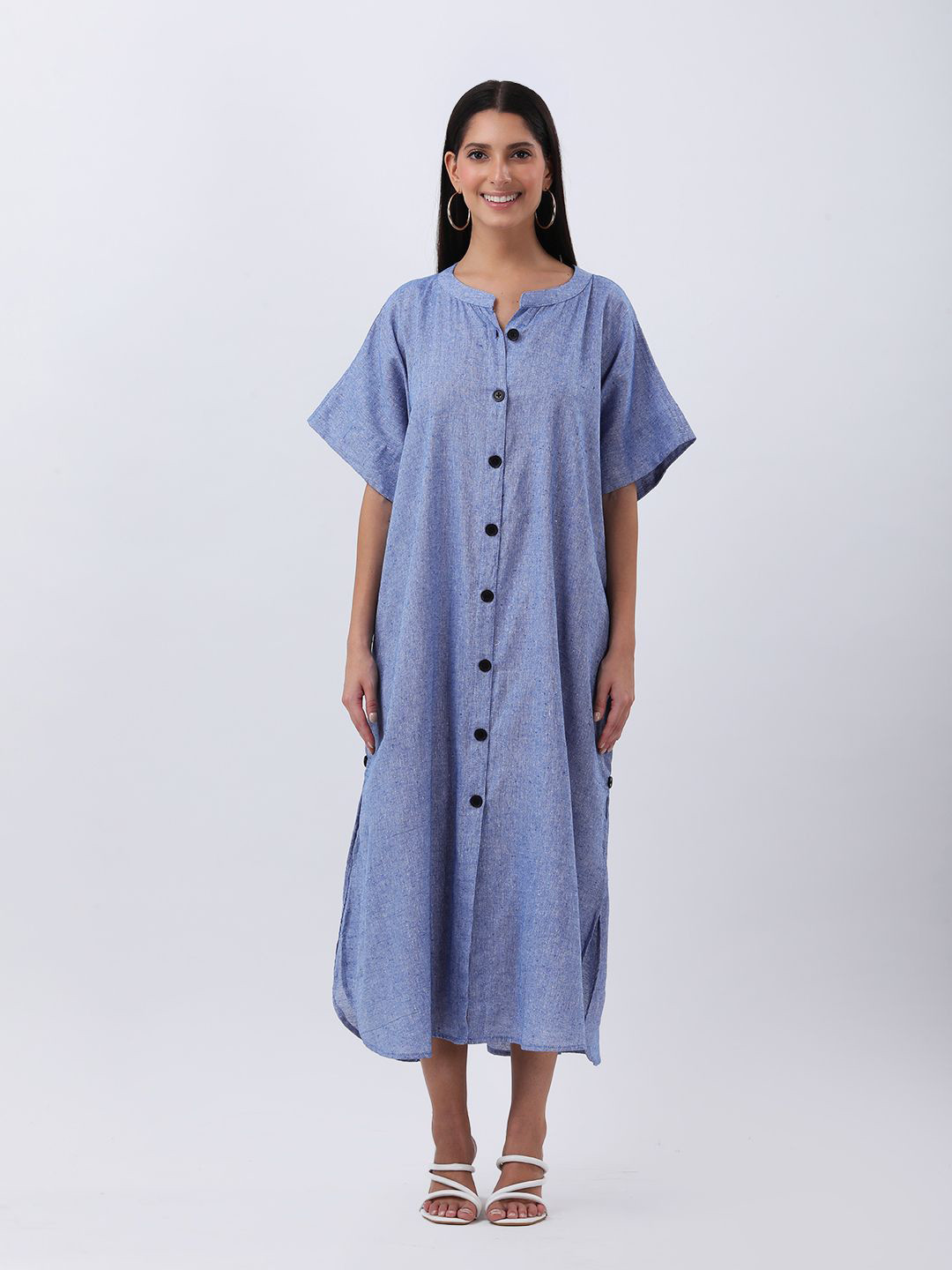Qurvii Women Blue Solid Relax fit Mandarin Collar Linen Midi Shirt Dress