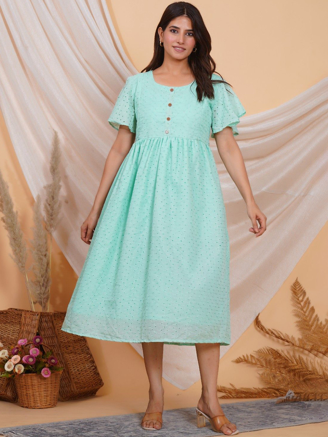 MomsBae Women Cotton Self Design Crochet  Fit and Flare Midi Maternity Dress