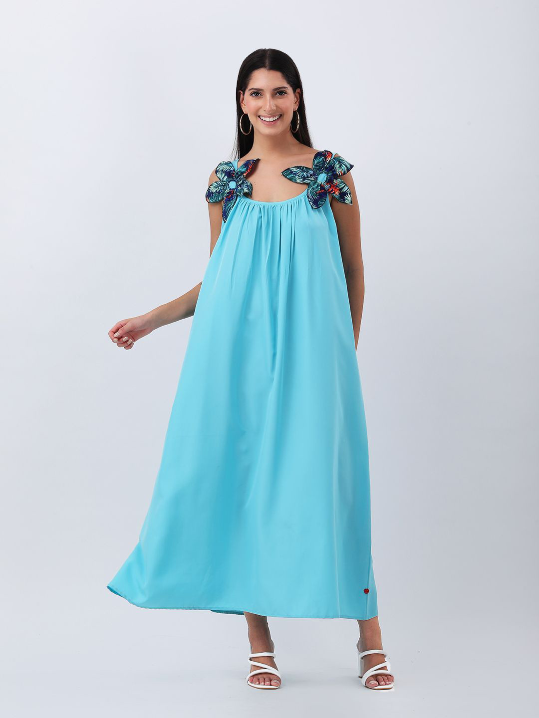 Qurvii Women Shoulder Straps Maxi Dress with Statement Flower Bow