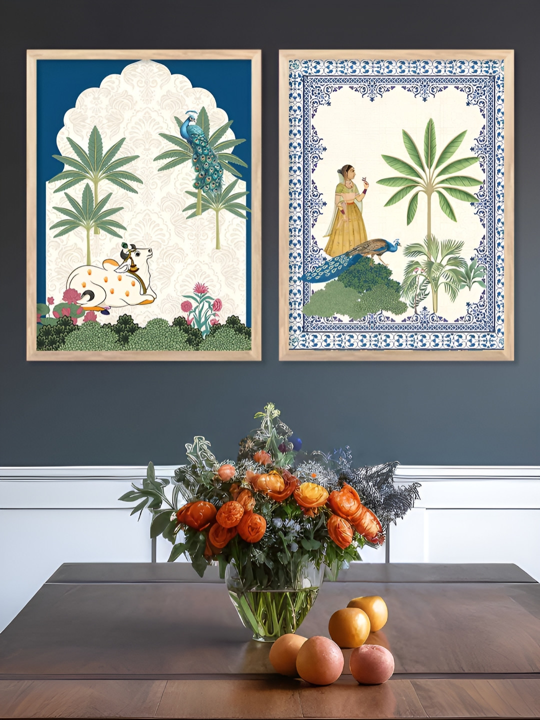 Kotart Off White & Green 2 Piece Traditional Birds and Animals Wooden Wall Art