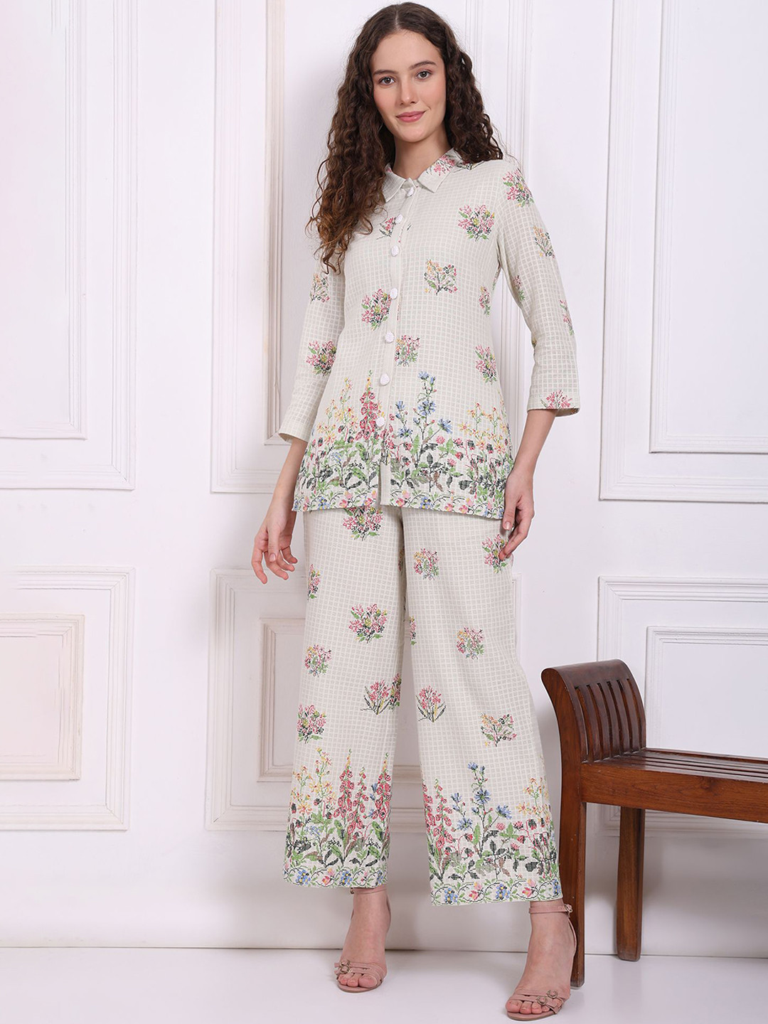 W Printed Collared Neck Three Fourth Sleeves Shirt With Palazzos Co-Ords