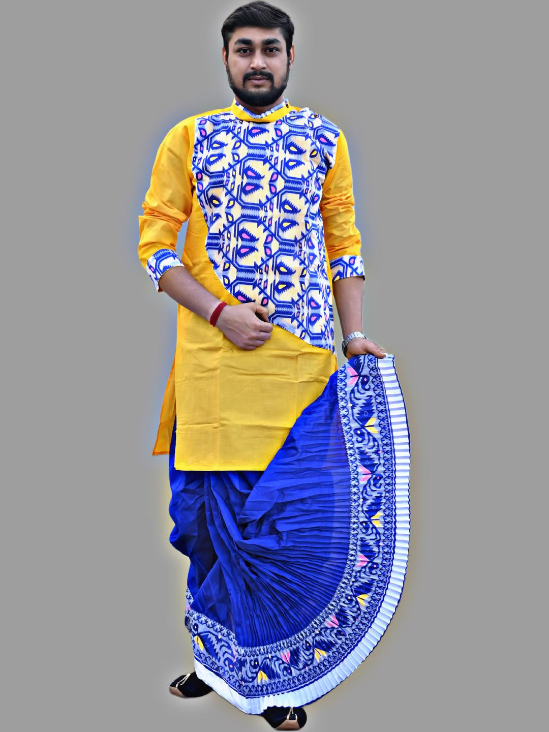 Jamdani Border Solid Mour Puccho Dhoti For Men