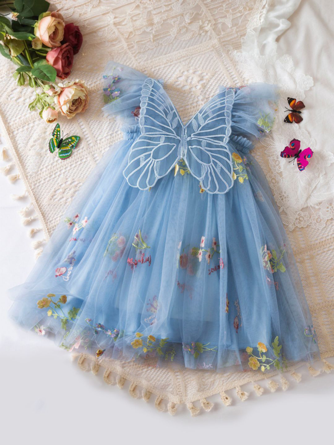 INCLUD Girls Floral Embroidered Square Neck Flutter Sleeves A-Line Dress