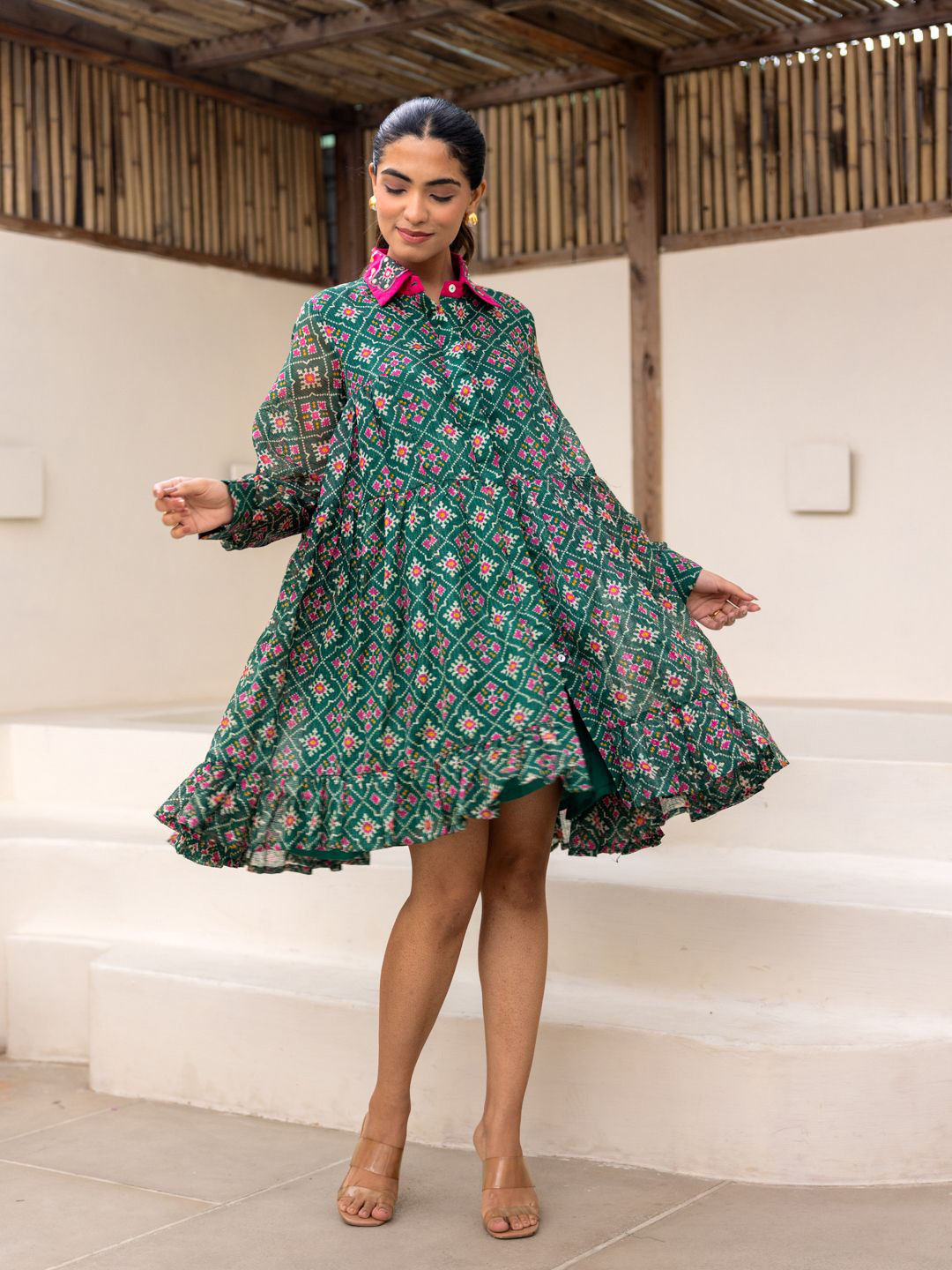 Ambraee Green Bandhani Shirt Dress