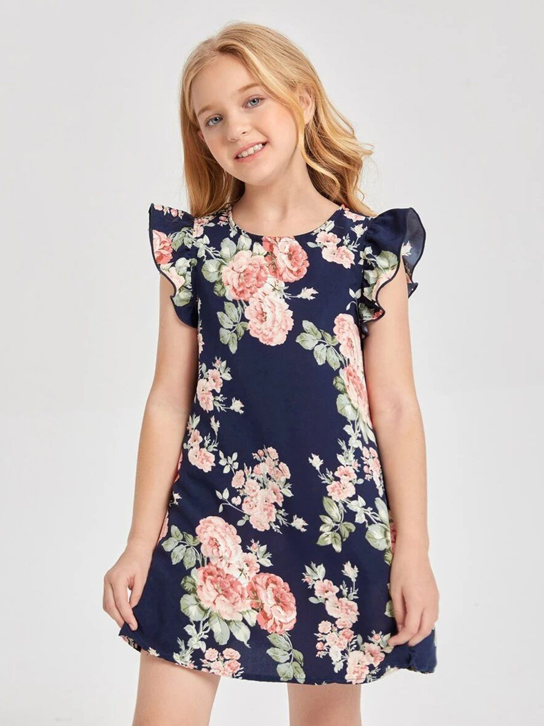 Kidotsav Girls Floral Print Flutter Sleeve Shift Mini Dress