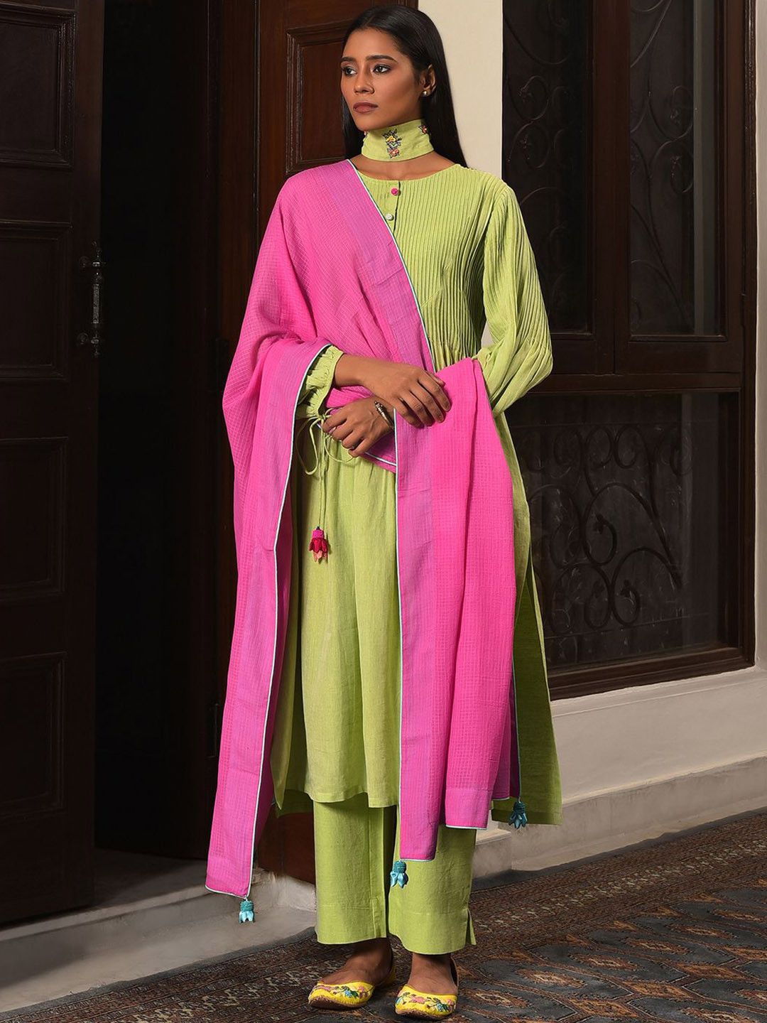 NUHH Self Design Round Neck Pleated A Line Pure Cotton Kurta With Salwar