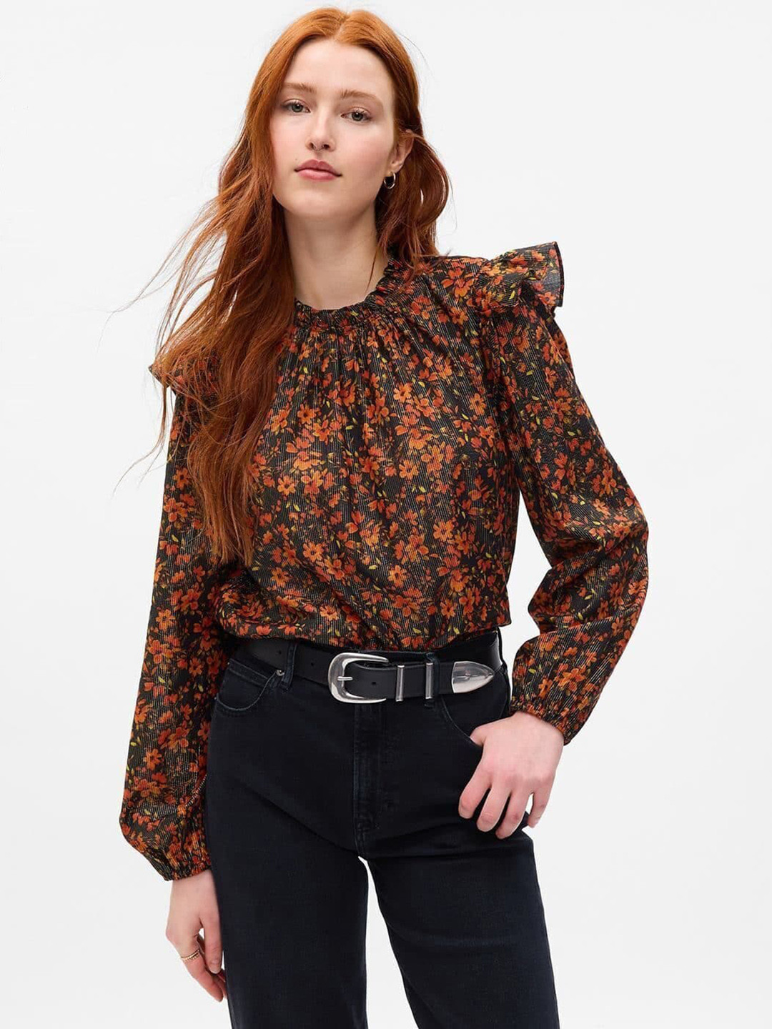 GAP Floral Print Puff Sleeve Ruffles Top