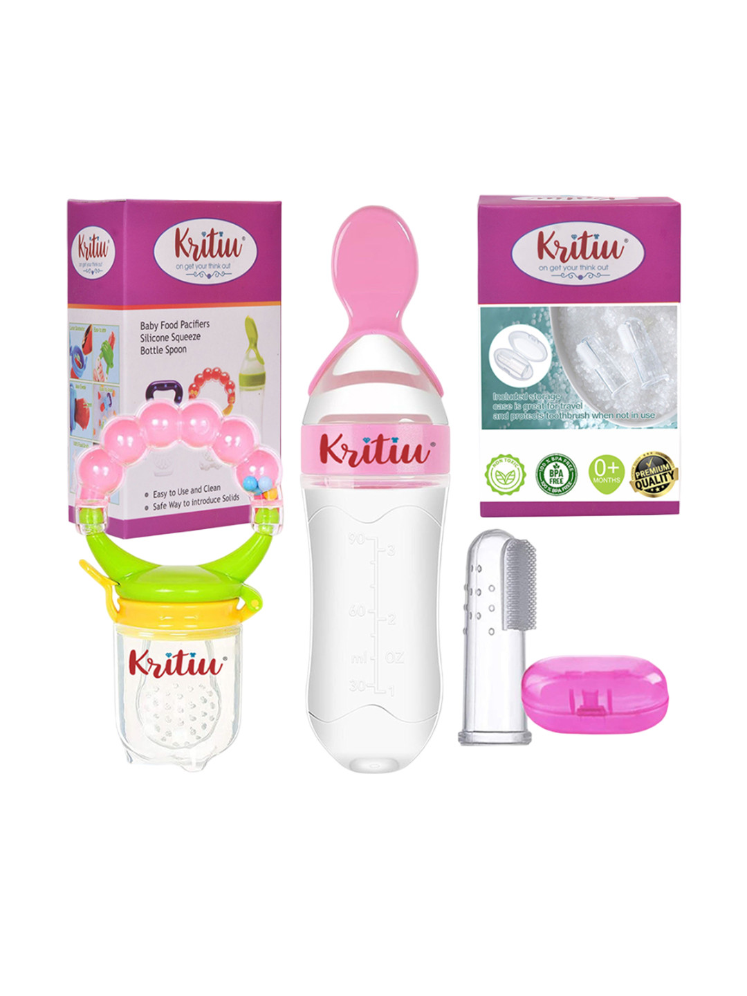 Kritiu Set Of 3 Silicone Squeezy Food & Bottle With Spoon & Figure Brush - Pink