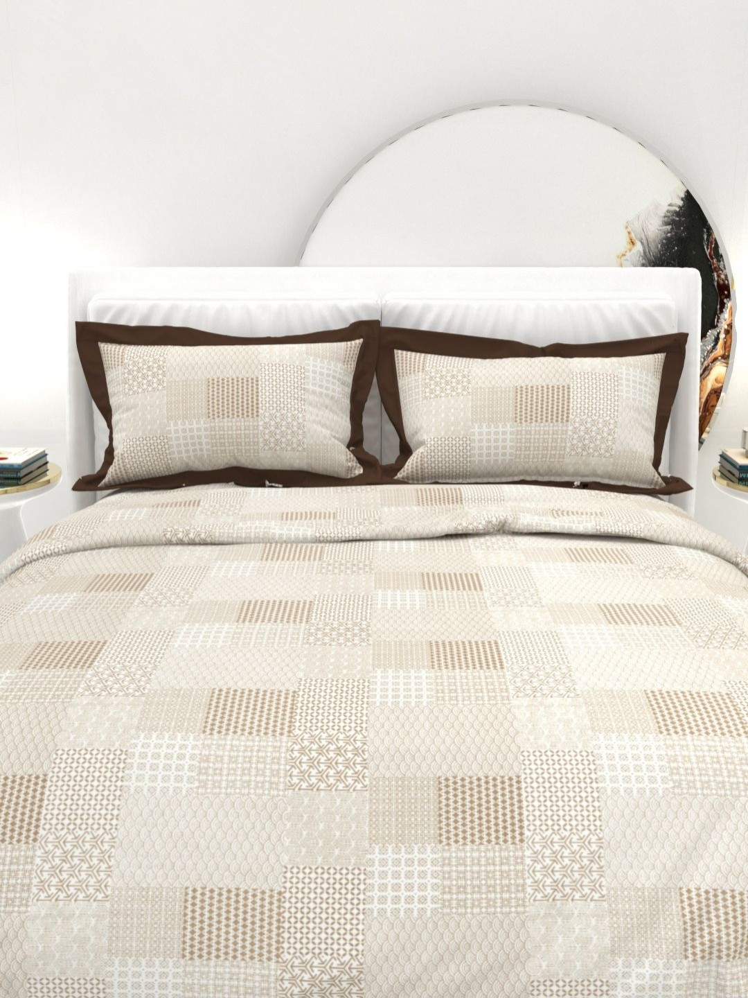 THE WHITE MOSS Cream And Brown Printed Cotton 300 TC King Bedsheet Set-2.75 m x 2.75 m