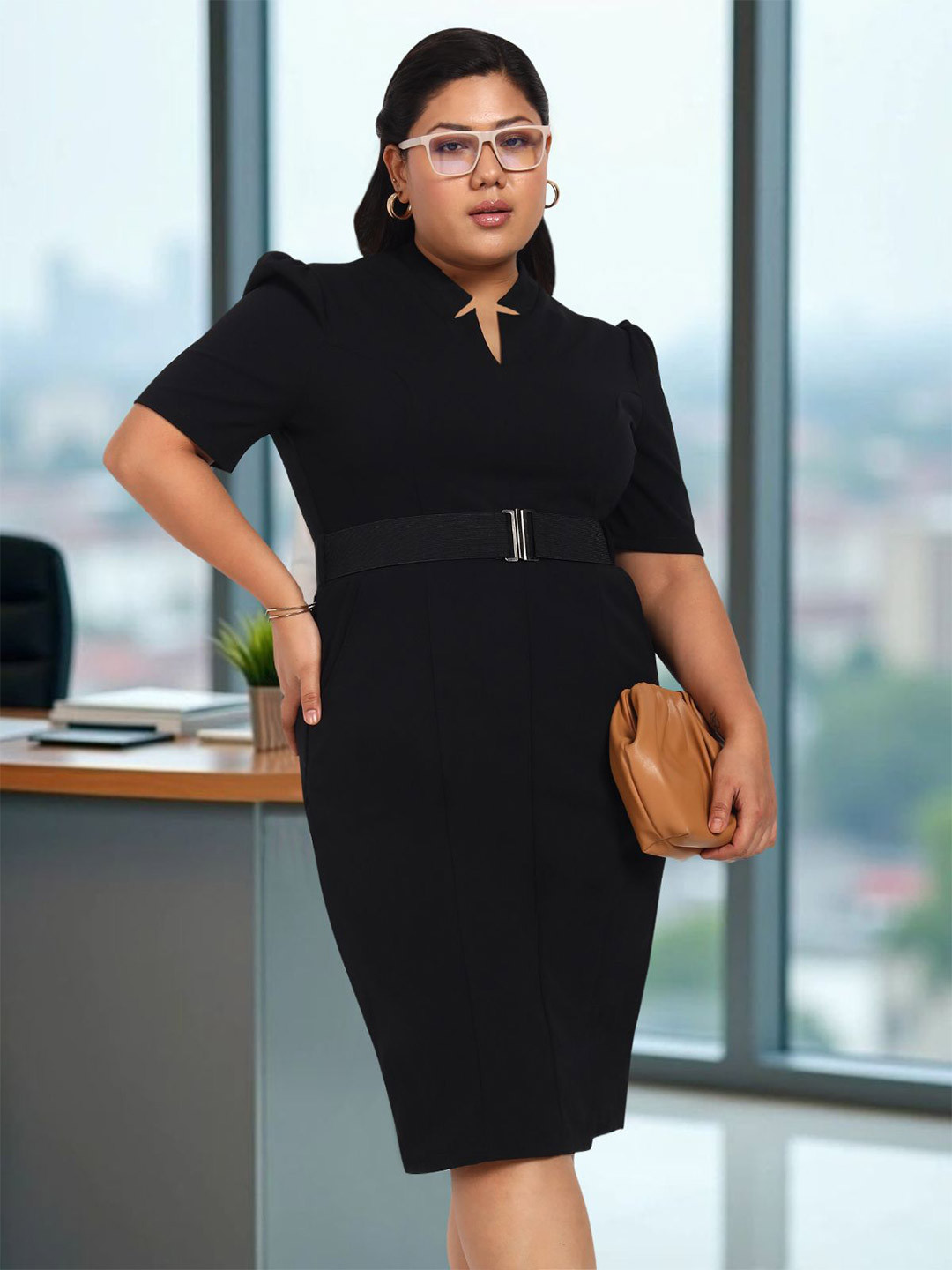 wild U Women Plus Size Puff Sleeve Formal Sheath Dress