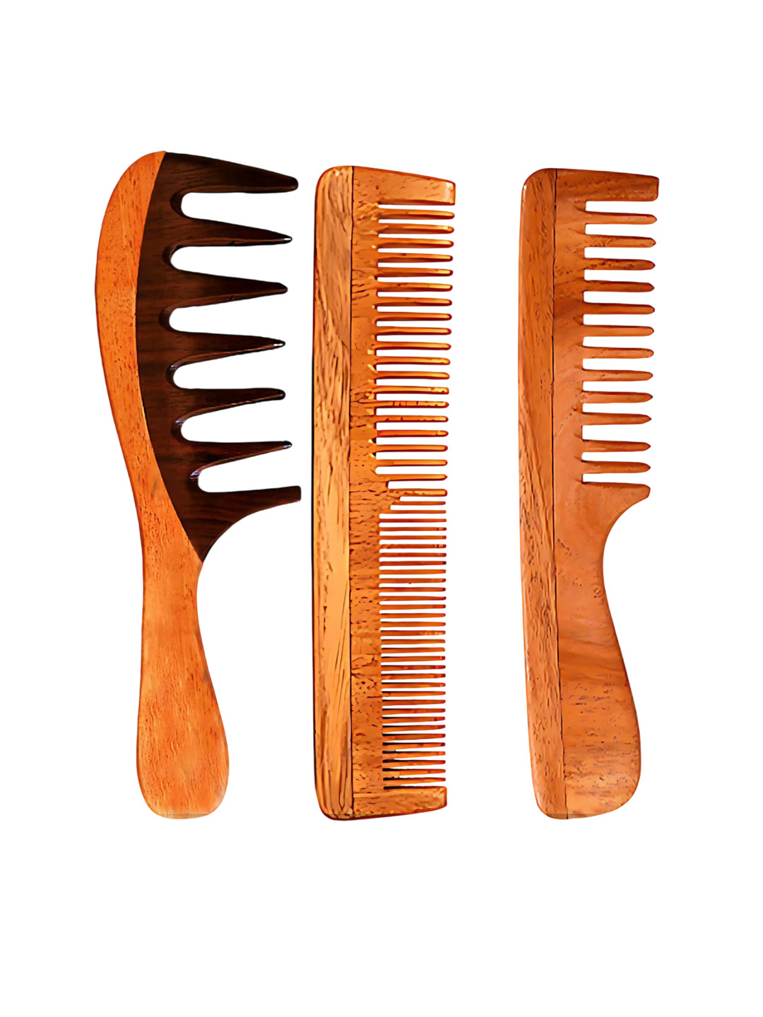 RUFIYS Set Of 3 Neem Wooden Comb For Hair Growth & Dandruff - Brown