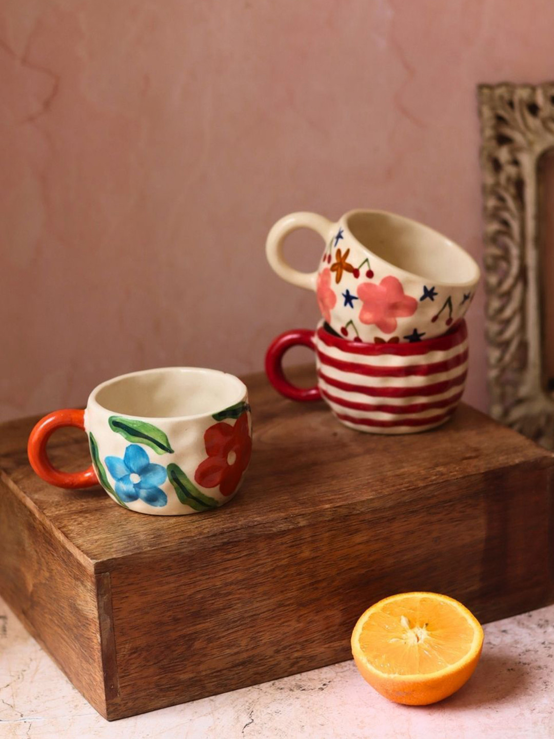 WEAVING HOMES White & Red 3 Pieces Flora Fables Printed Ceramic Glossy Mugs-180ml Each