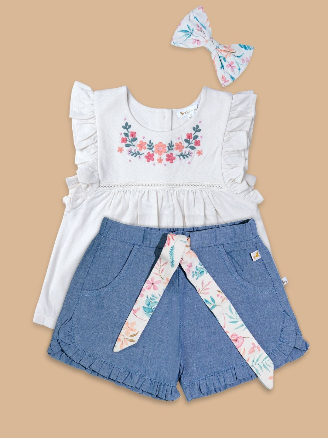 Ohmybebe Girls Embroidered Organic Cotton Top With Shorts & Hair Clip