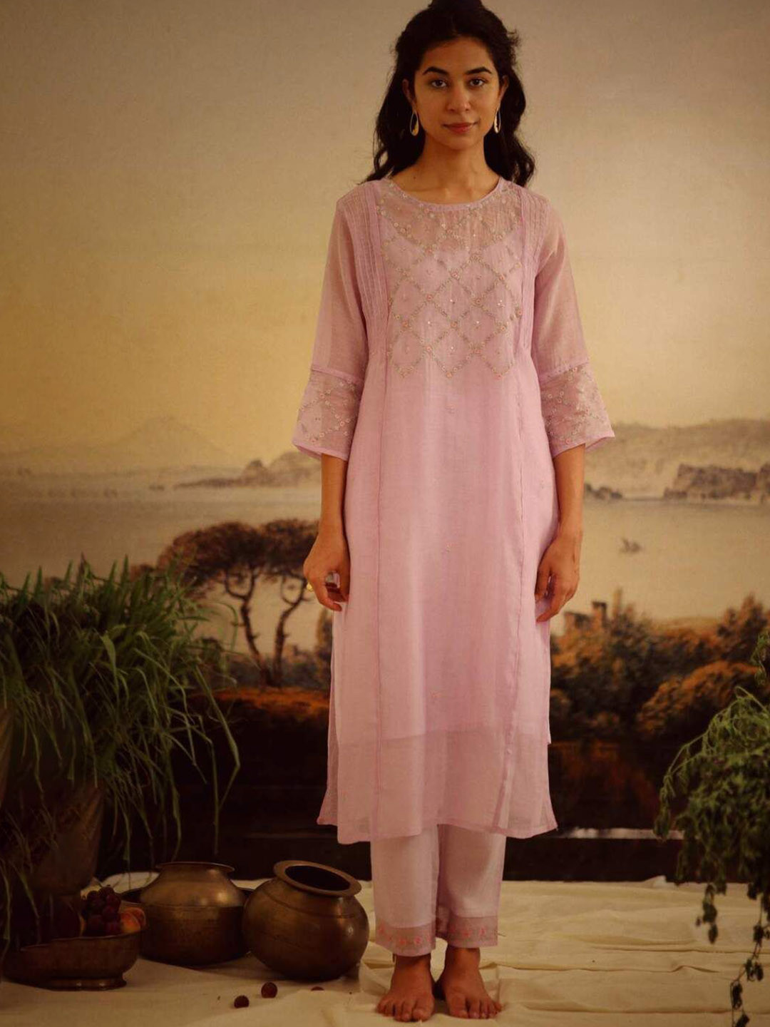 TATWA DESIGNS Floral Crossbuti Embroidered Thread Work Chanderi Silk Kurta With Trousers