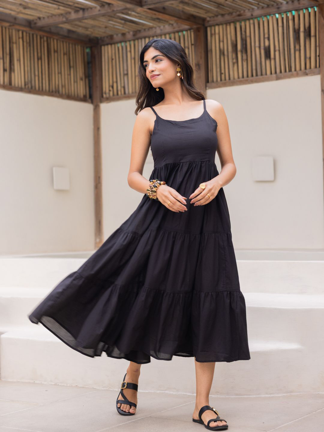 Ambraee Women Black Tiered Fit & Flare Midi Dress