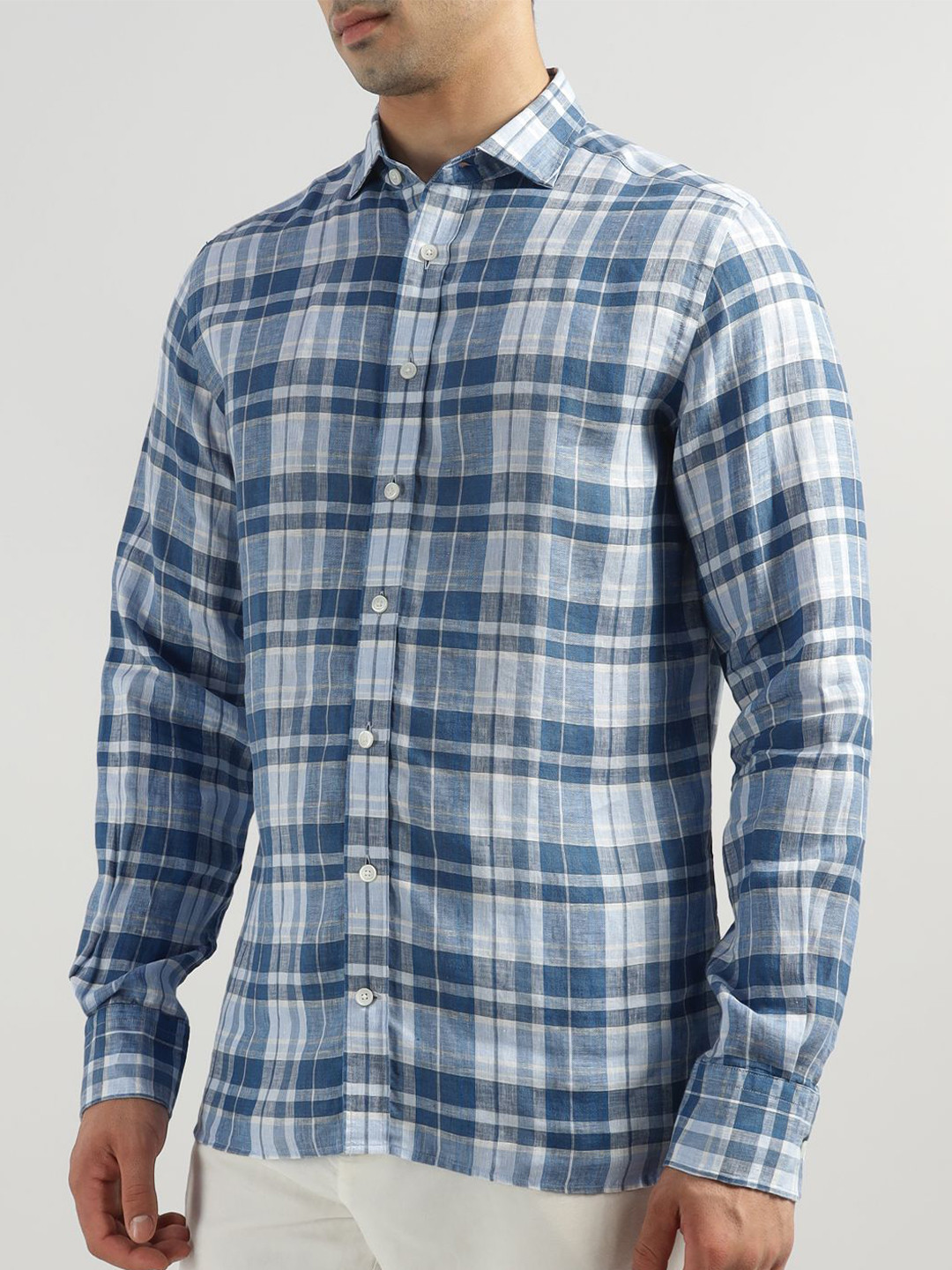 HACKETT LONDON Men Tartan Checked Spread Collar Linen Casual Shirt