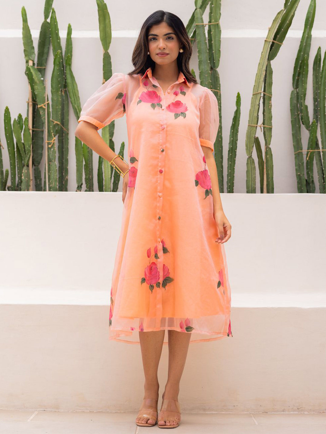 Ambraee Floral Print Puff Sleeves Organza Shirt Midi Dress