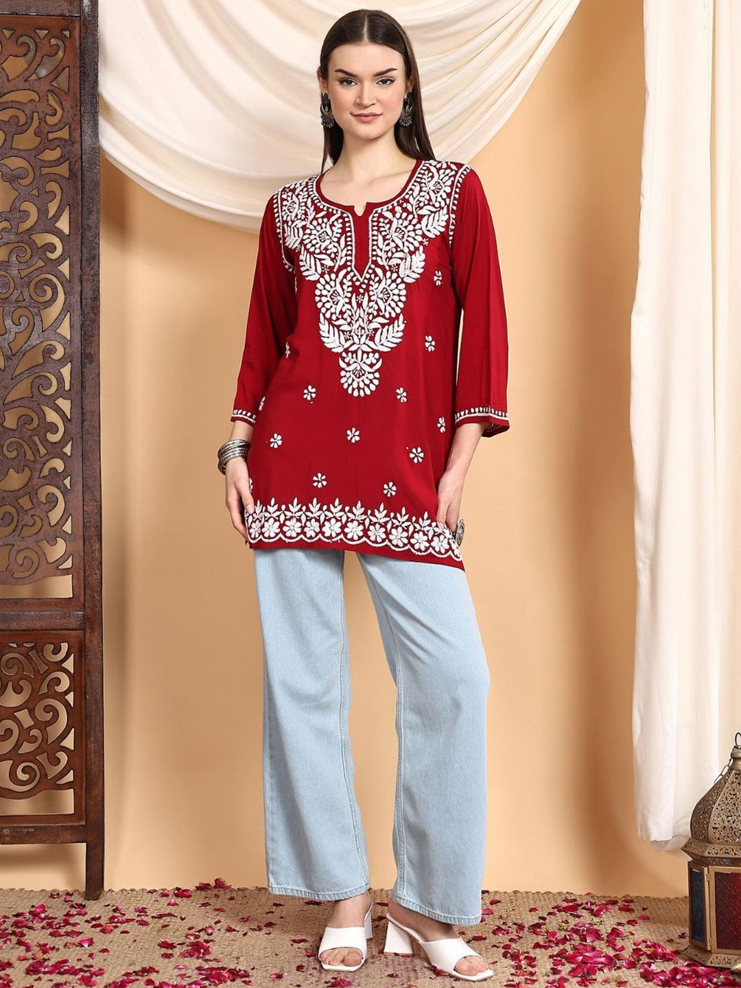 Poshak Chikan Studio Women Chikankari Embroidered Premium Modal Short Straight Kurti