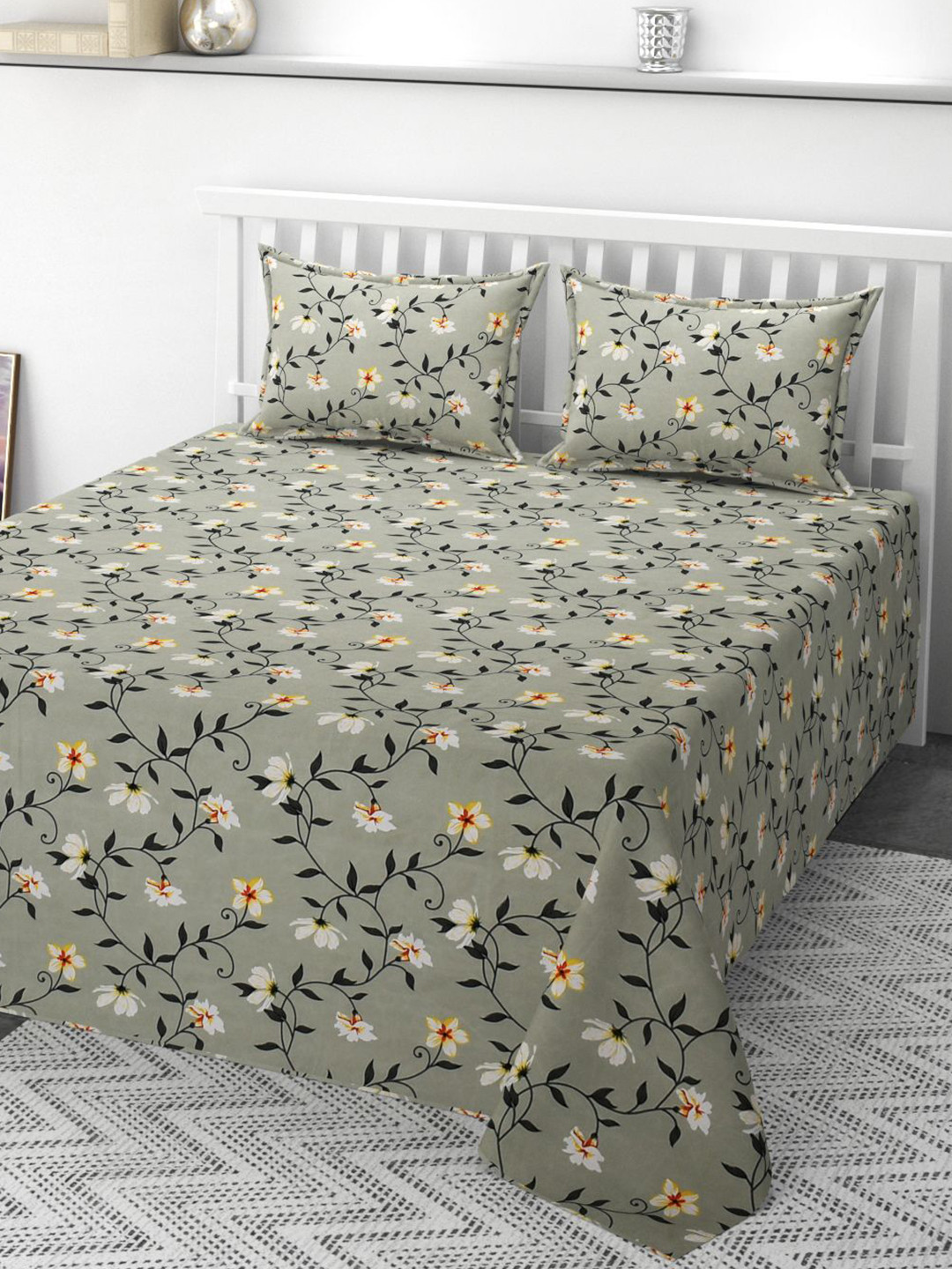 CLIO'S HERITAGE STORE Grey & Yellow Printed 210 TC Queen Bedsheet Set 2.28 m x 2.28 m