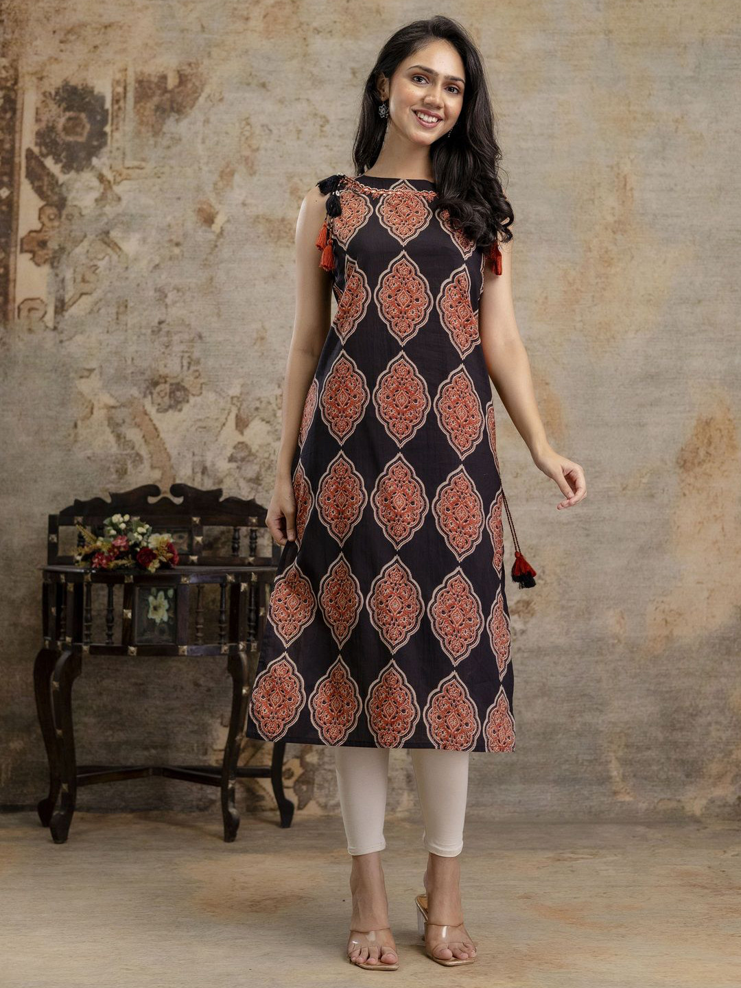 Stylum Women Ethnic Motifs Printed Mirror Work Lace Frills Kurta