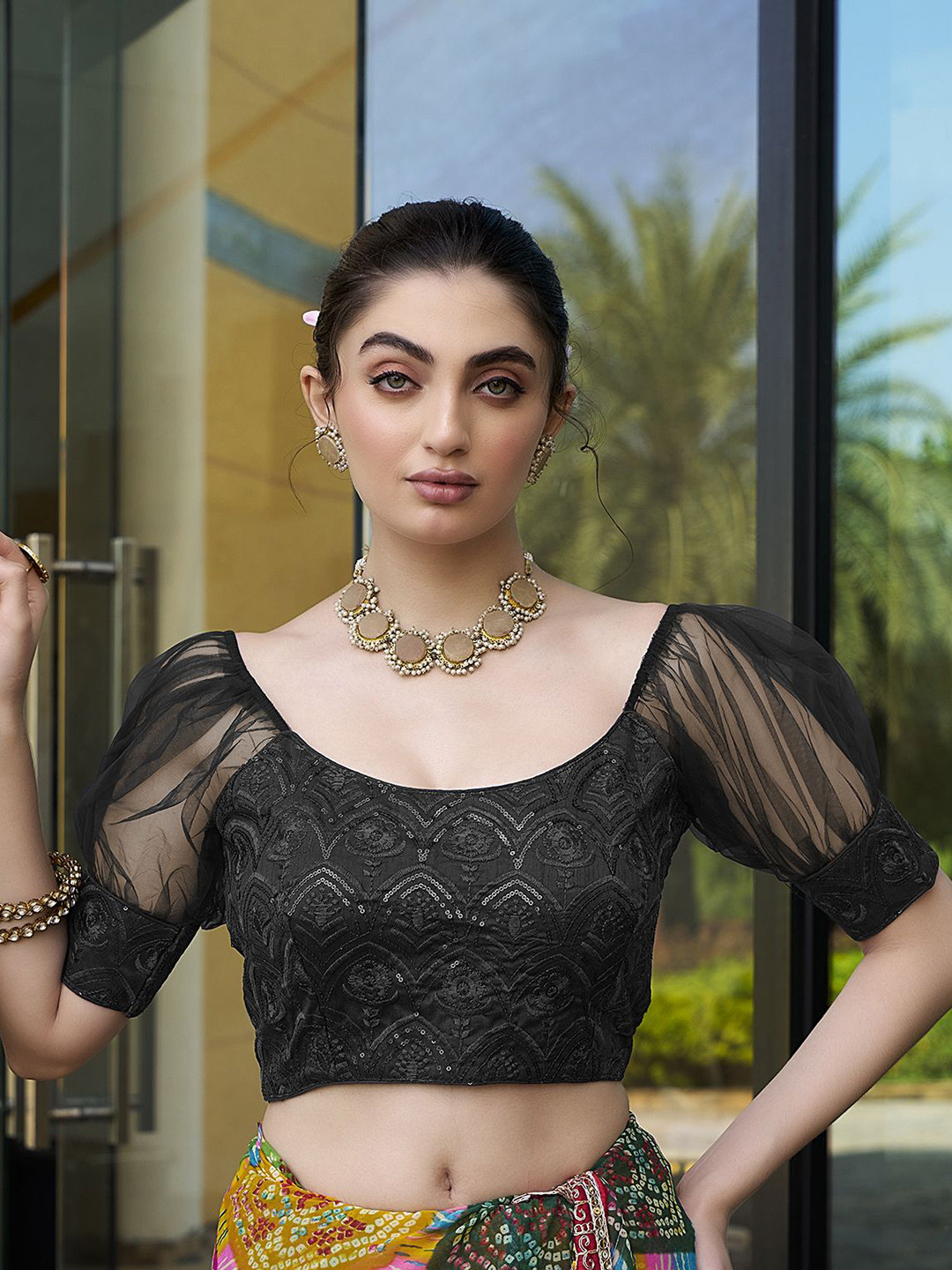 HERE&NOW Embroidered Puff Sleeved Saree Blouse