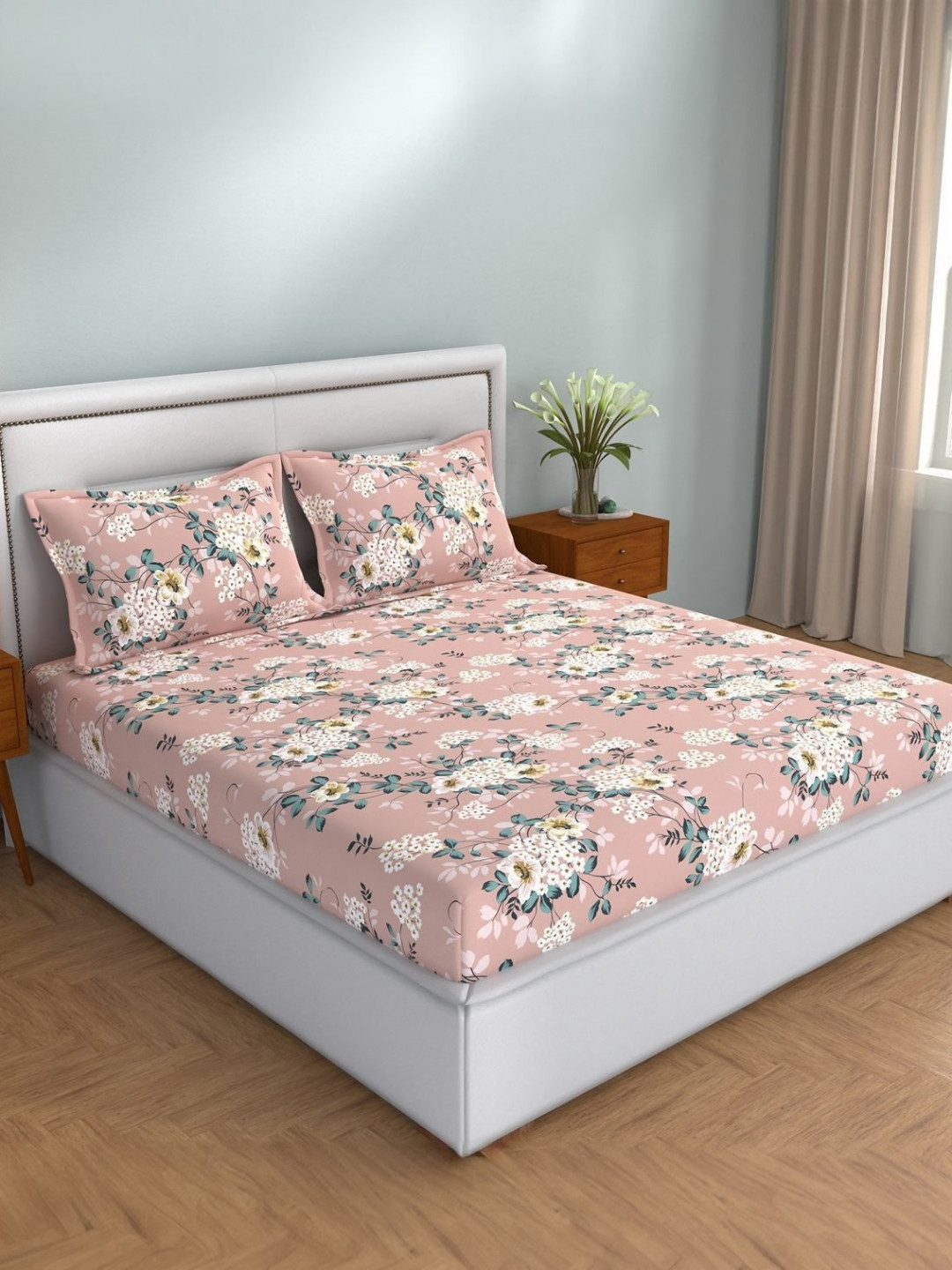 STELLAR HOME Rose & Blue Floral Printed 104 TC Cotton King Bedsheet Set 2.74 m x 2.74 m