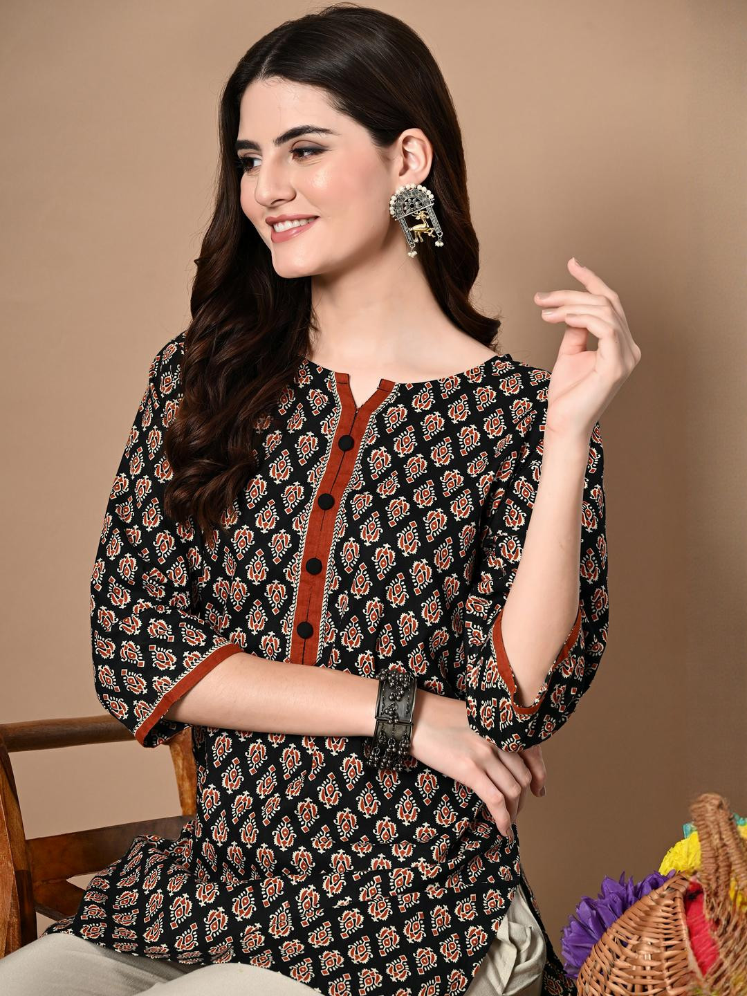 Black & Rust Ajrakh Printed Tops for woman