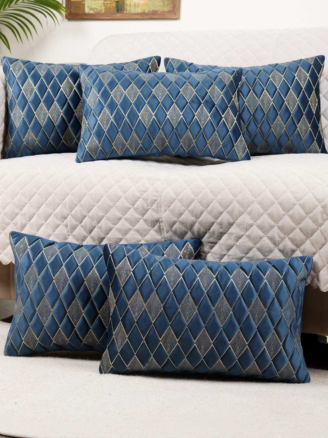 MONKDECOR Diamond Embroidered Blue Velvet Durable 5 Pcs Rectangle Cushion Covers -12x18In
