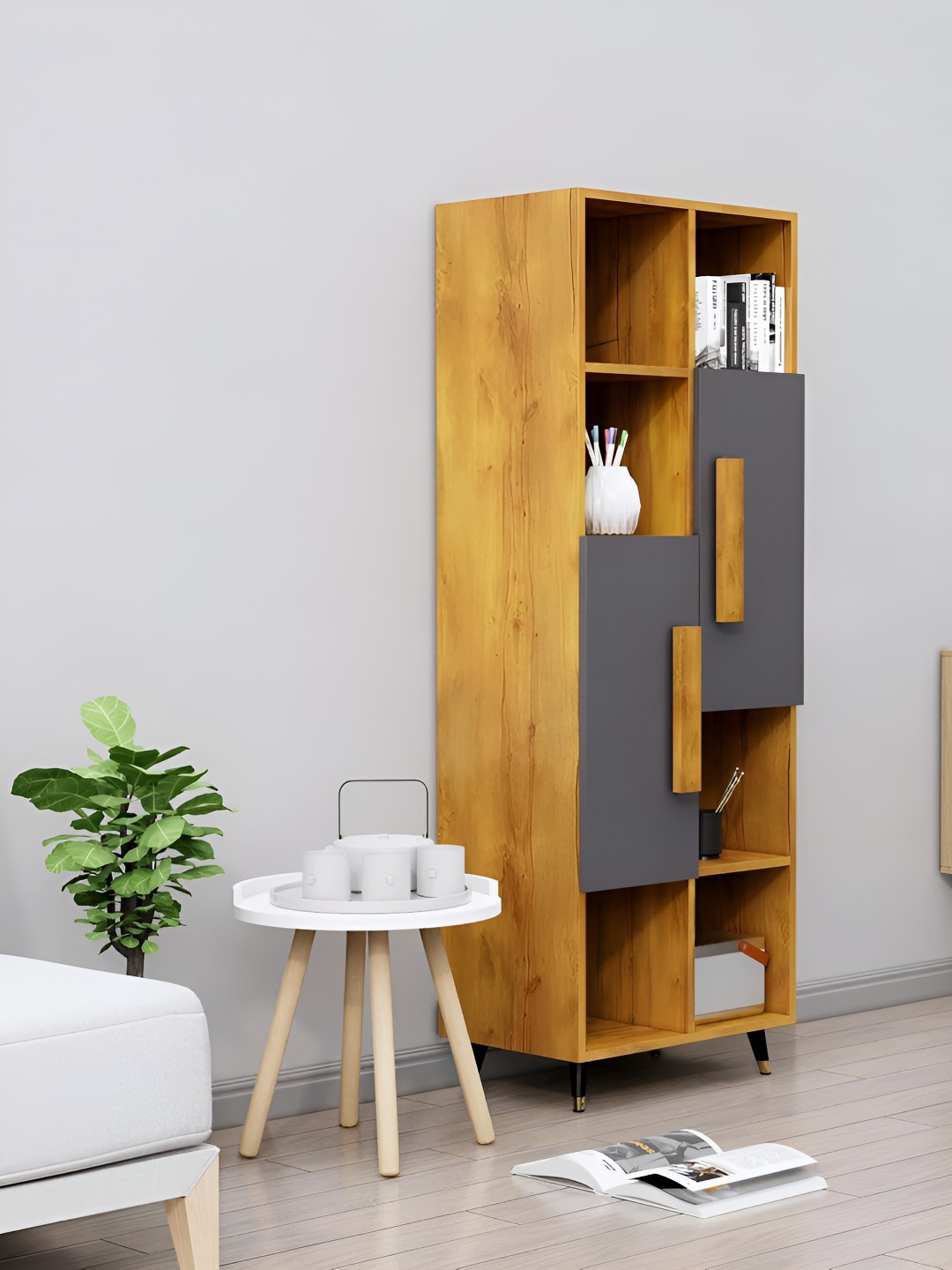 HEXA RED Beige & Grey Wooden Book Shelf