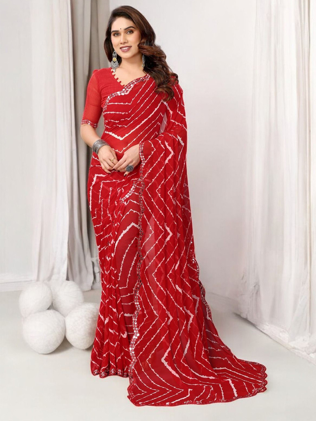 HERE&NOW Lehariya Printed Mirror Work Pure Georgette Saree