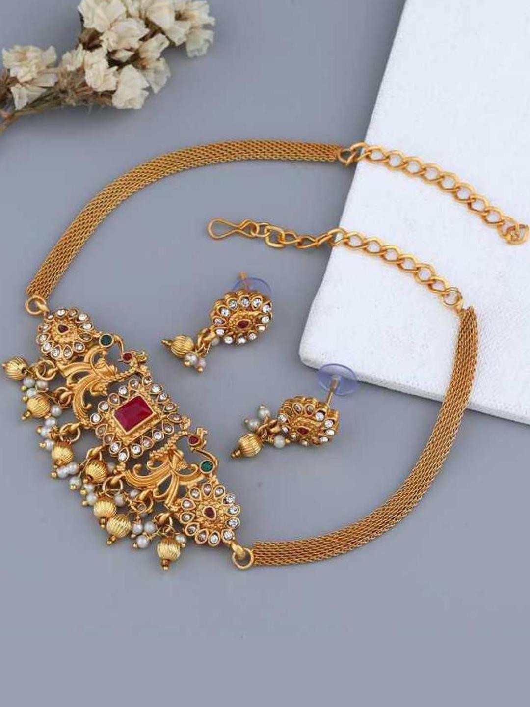 Anouk Ruby Red Beaded Gold-Toned Necklace Set with Intricate Pendant & Earrings