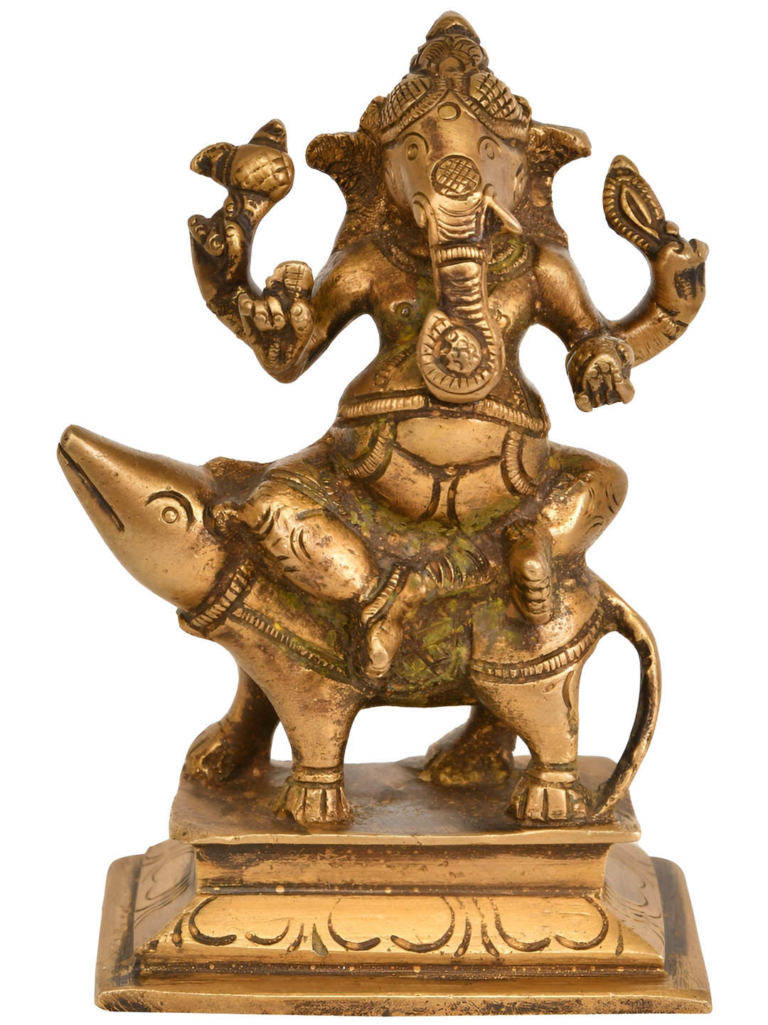Exotic India Gold-Toned Lord Ganesha Statue Seated On Rat Religious Idol Showpiece