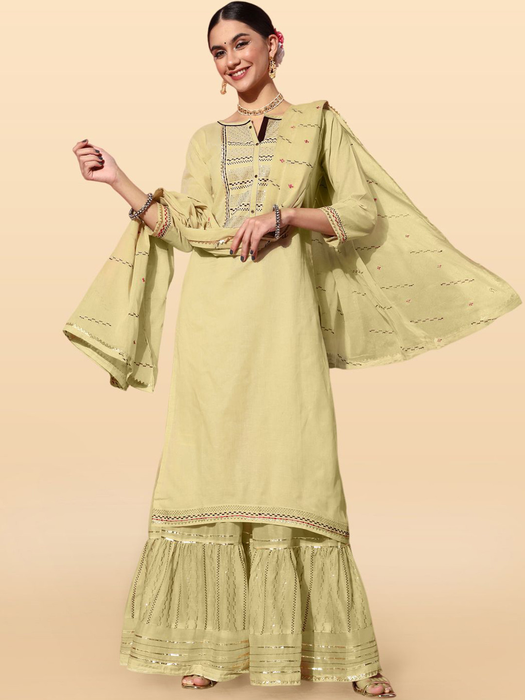 Anouk Rustic Floral Yoke Design Sequinned Pure Cotton Kurta With Sharara & Dupatta