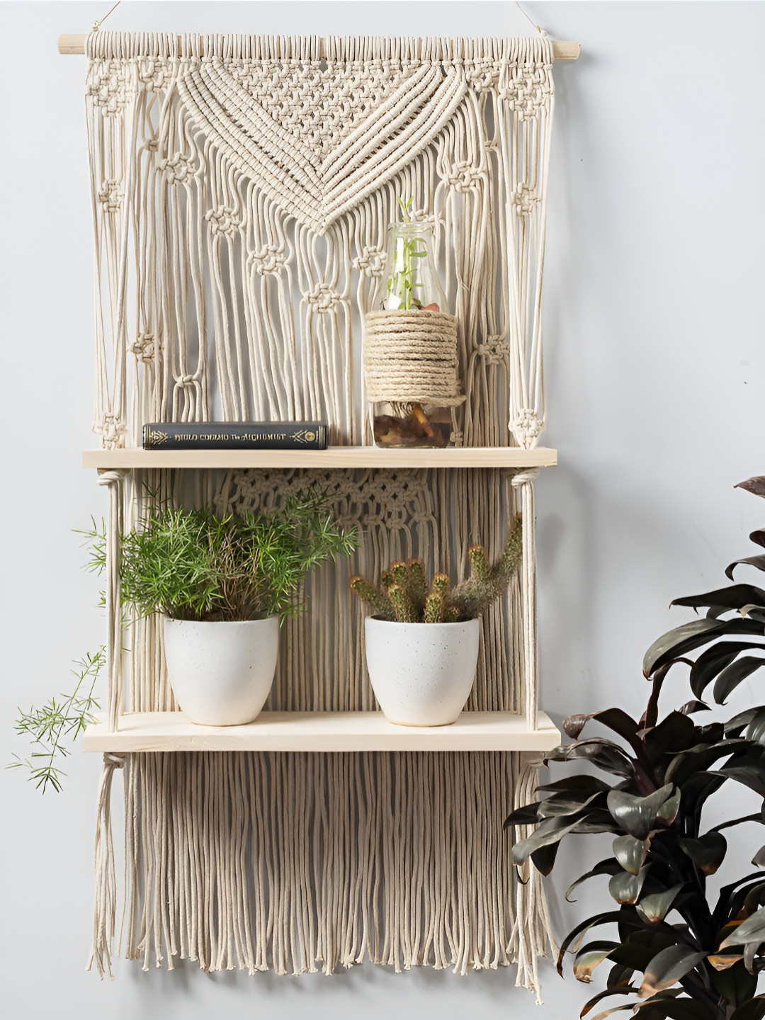 Decazone Beige Bohemian Wooden Wall Hanging Shelf