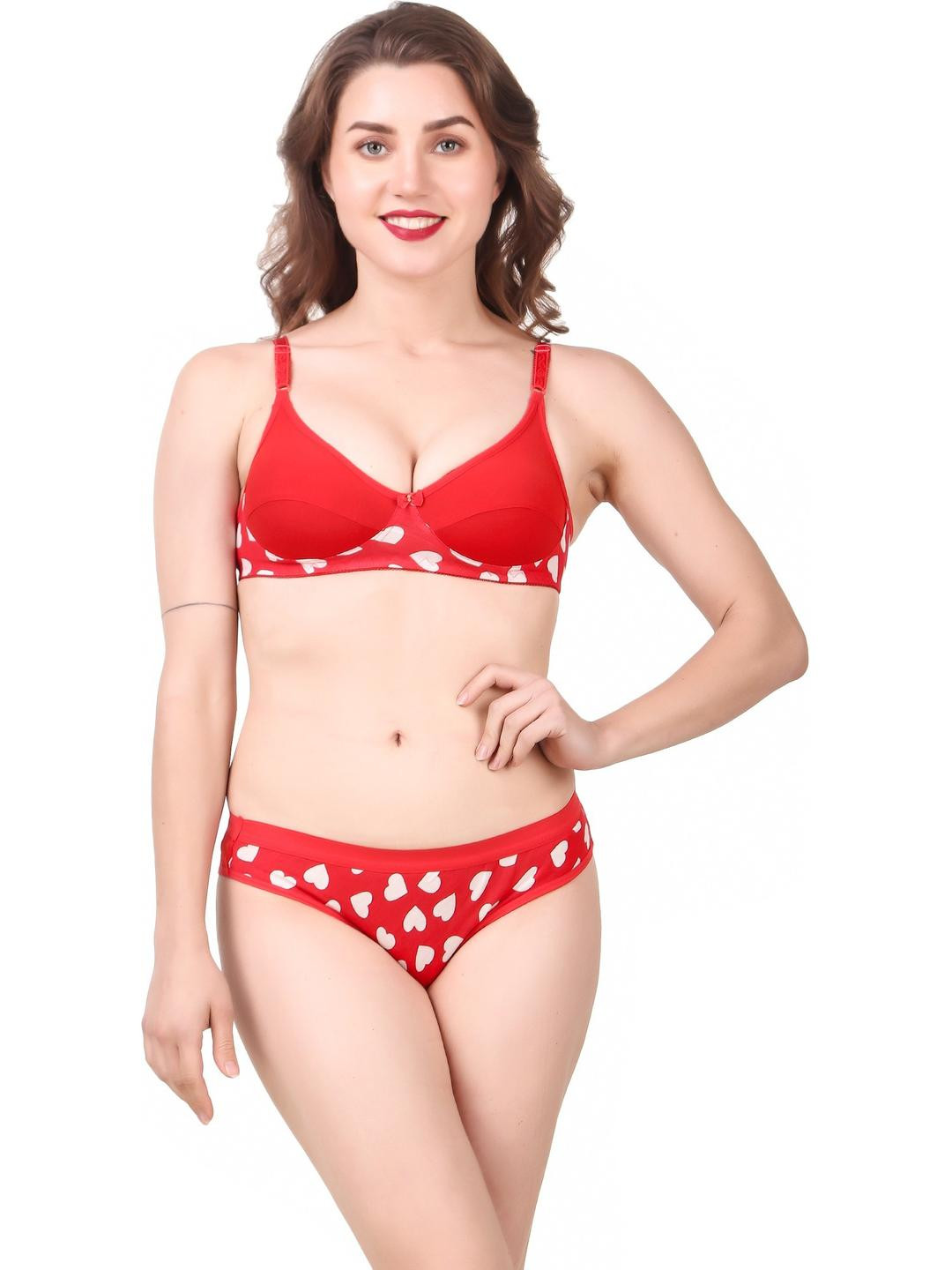 TACE Red Cotton Underwired Non Padded Lingerie Set
