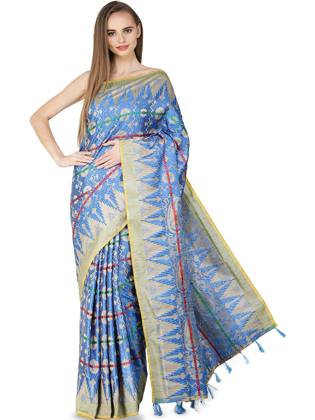 Exotic India Malibu-Blue Embroidered Saree with Woven Temple Border