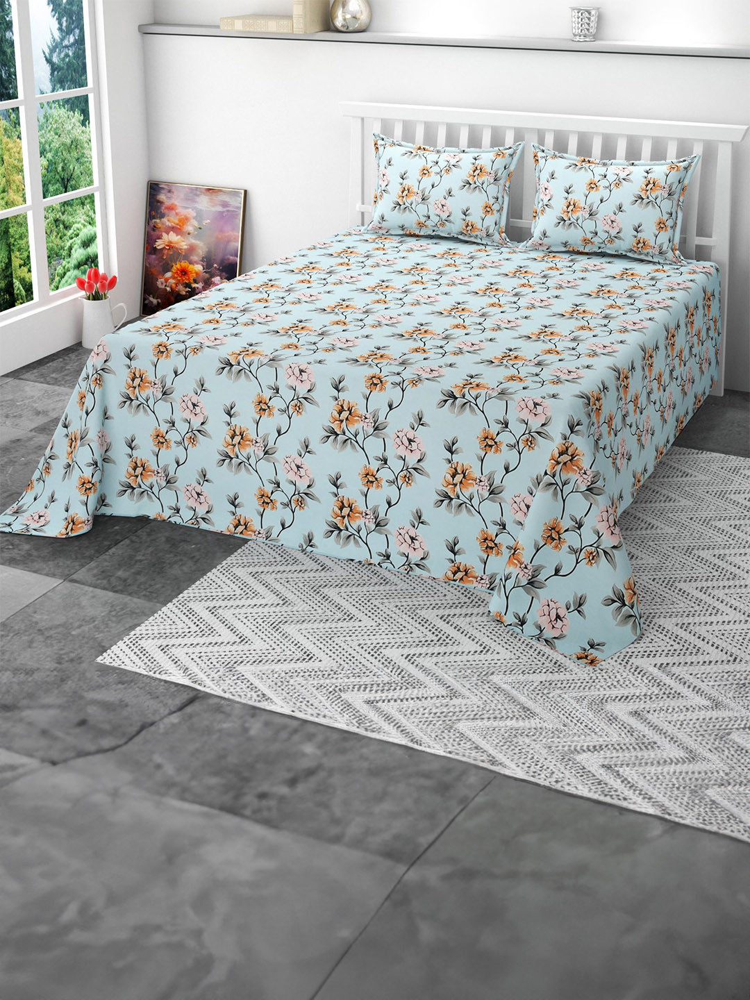 CLIO'S HERITAGE STORE Blue & Pink Floral 210 TC Queen Bedsheet with 2 Pillow Covers