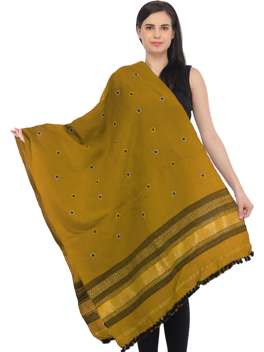 Exotic India Women Floral Embroidered Mirror Work Pure Woollen Shawl