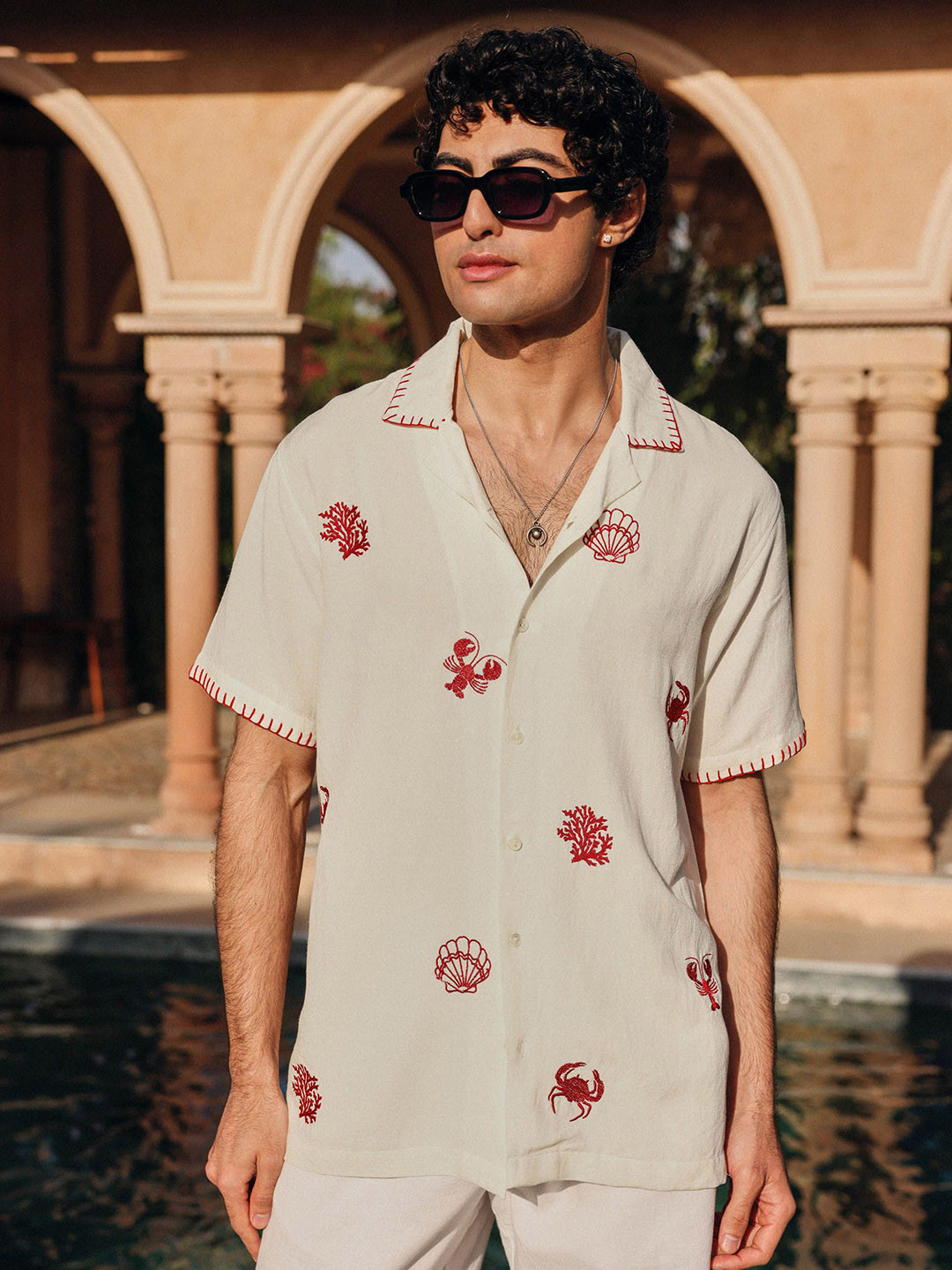 PRIMAL GRAY Beach Bowling Men Relaxed Fit Cuban Collar Embroidred Casual Shirt