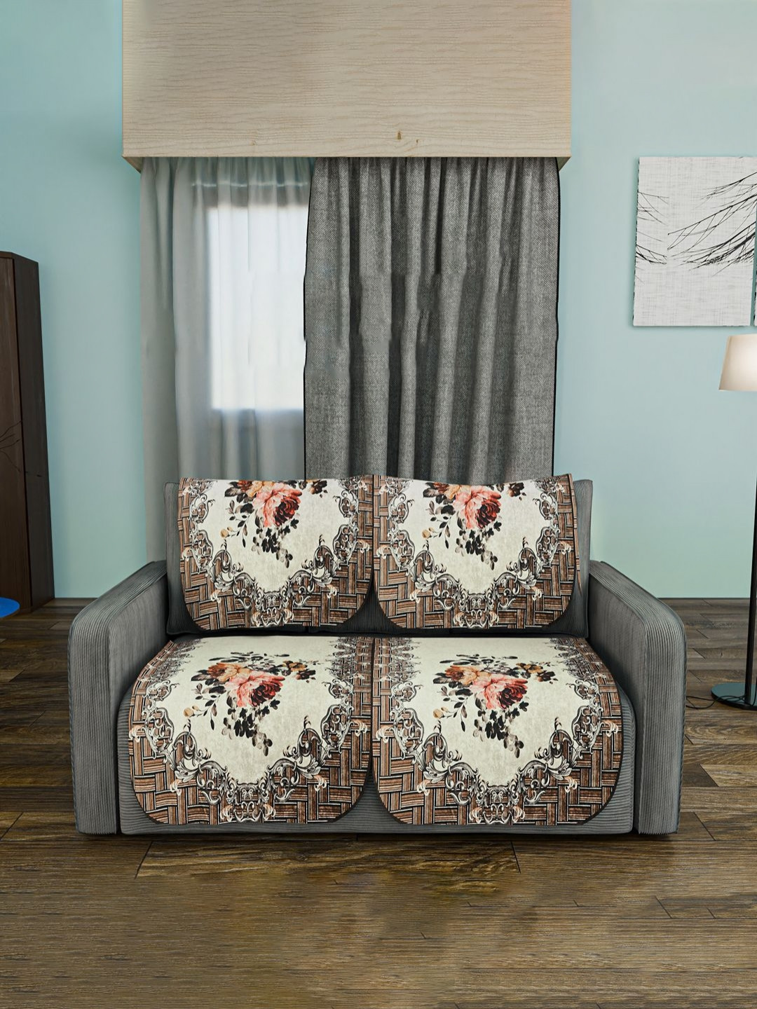 Aura Cream-Coloured & Brown Set of 4 Classic 2 Seater Velvet Sofa Cover Sofa Slipcover Set