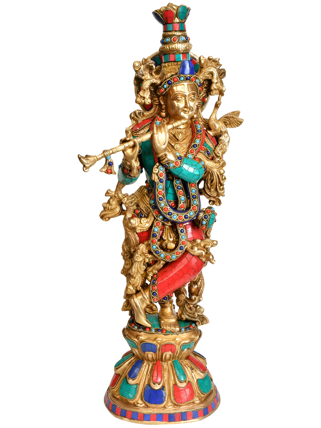 Exotic India Gold-Toned & Red Lord Krishna Playing On Flute Religious Idol Showpiece