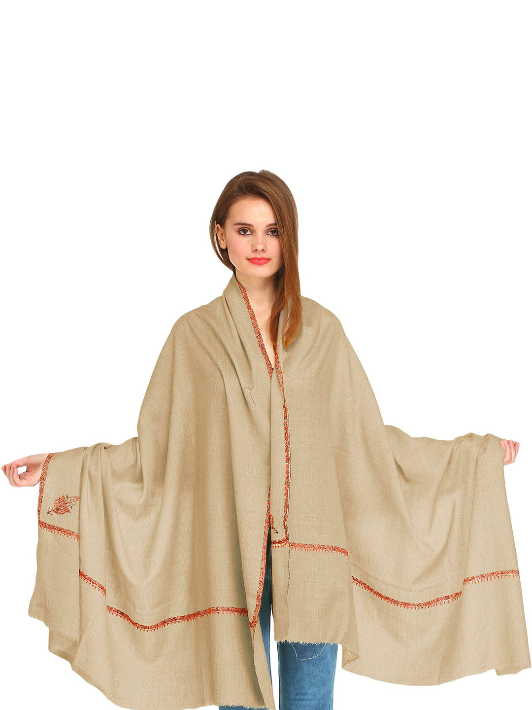 Exotic India Women Pure Wool Shawl with Sozni Hand-Embroidery on Border