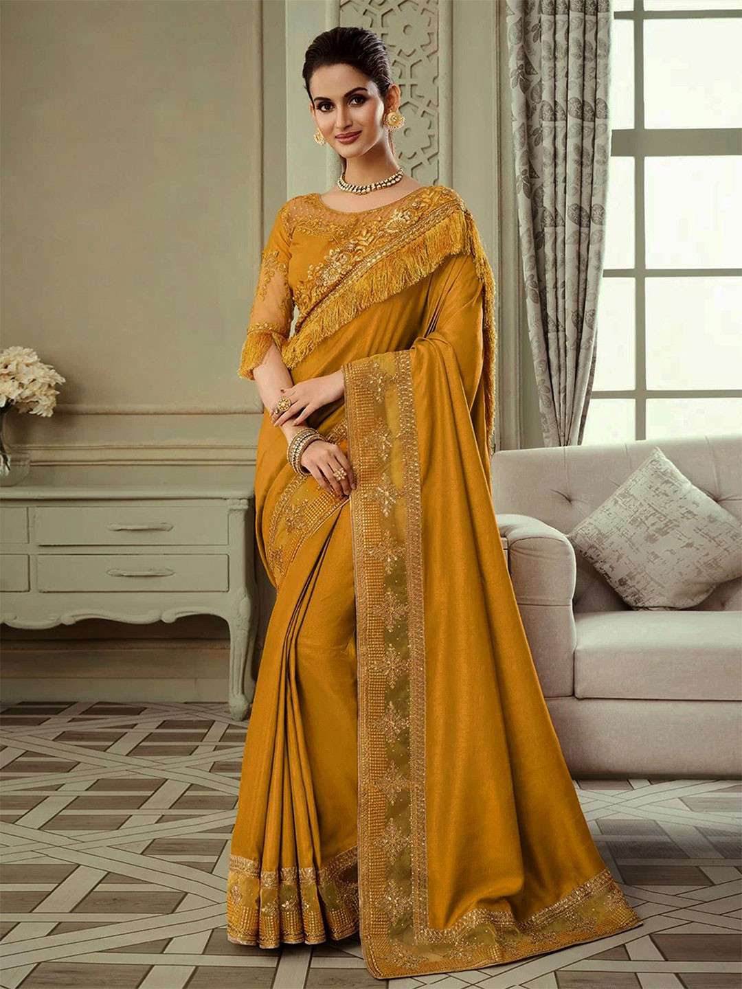 Exotic India Exclusive Elegant Silk Saree With Net Embellished Border And Frills